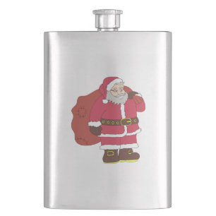 Weihnachtsmann in rot mit Geschenktasche und Brill Flachmann