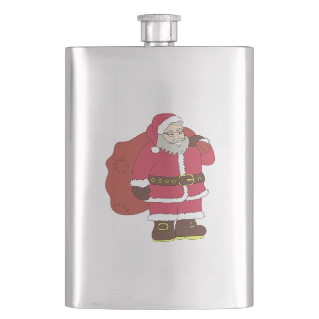 Weihnachtsmann in rot mit Geschenktasche und Brill Flachmann (Vorderseite)