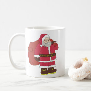Weihnachtsmann in rot mit Geschenktasche und Brill Kaffeetasse