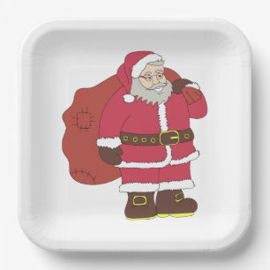 Weihnachtsmann in rot mit Geschenktasche und Brill Pappteller