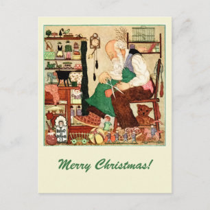 Weihnachtsmann in seiner Werkstatt im Vintage-Stil Feiertagspostkarte