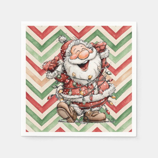Weihnachtsmann in Weihnachtslichter verheddert Serviette (Vorderseite)