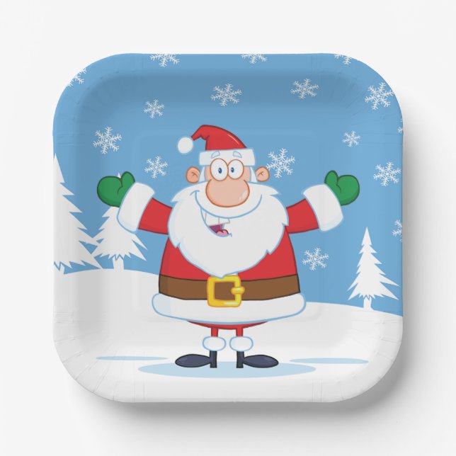 Weihnachtsmann in winterlicher Schneelandschaft Pappteller (Vorderseite)