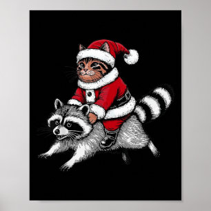 Weihnachtsmann-Katze reitet auf einem Waschbären W Poster