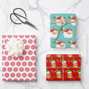 Weihnachtsmann, Kaugummis, Weihnachtself auf Rot Geschenkpapier Set
