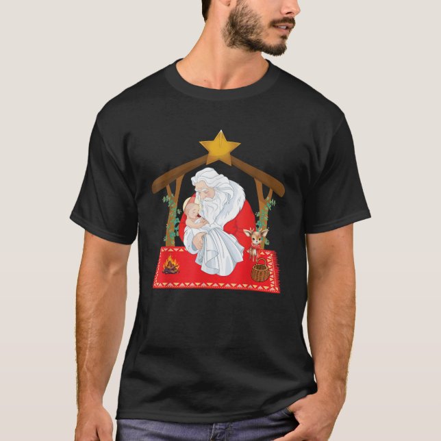 Weihnachtsmann kniet mit dem Baby Jesus T-Shirt (Vorderseite)