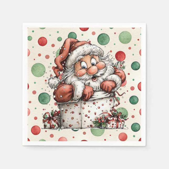 Weihnachtsmann kriecht aus Geschenkbox Serviette (Vorderseite)