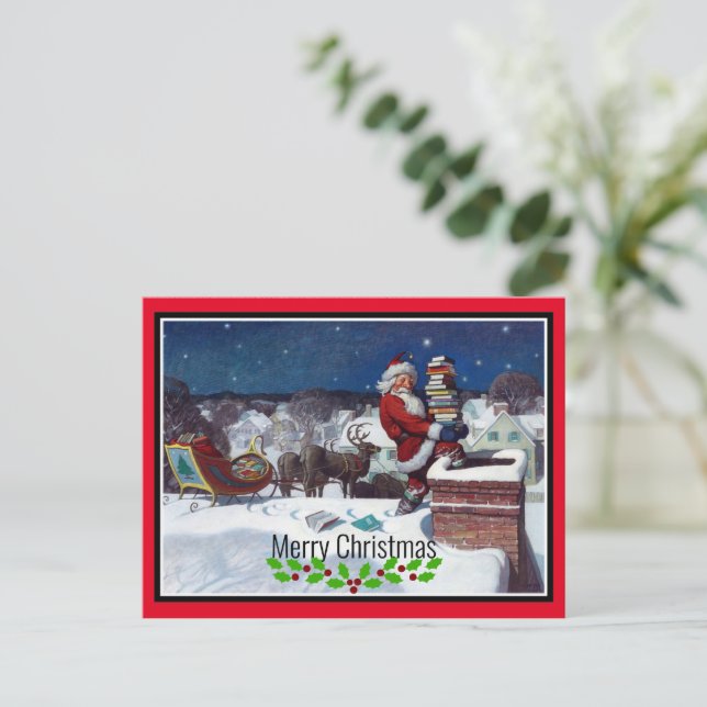 Weihnachtsmann liefert Bücher Postkarte (Stehend Vorderseite)
