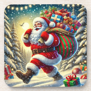 Weihnachtsmann liefert Geschenke an einem schneere Getränkeuntersetzer