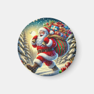 Weihnachtsmann liefert Geschenke an einem schneere Magnet