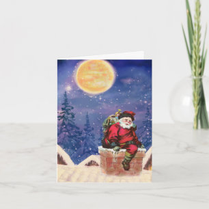 Weihnachtsmann liefert Geschenke bei Mondlicht Feiertagskarte