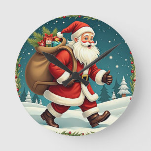 Weihnachtsmann liefert Geschenke durch den schneeb Runde Wanduhr