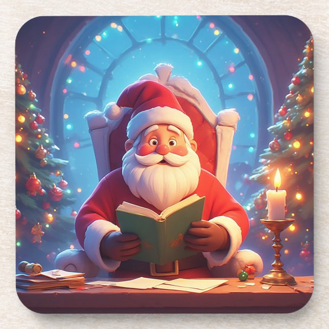 Weihnachtsmann liest ein Buch bei Kerzenlicht Getränkeuntersetzer (Vorderseite)