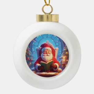Weihnachtsmann liest ein Buch bei Kerzenlicht Keramik Kugel-Ornament