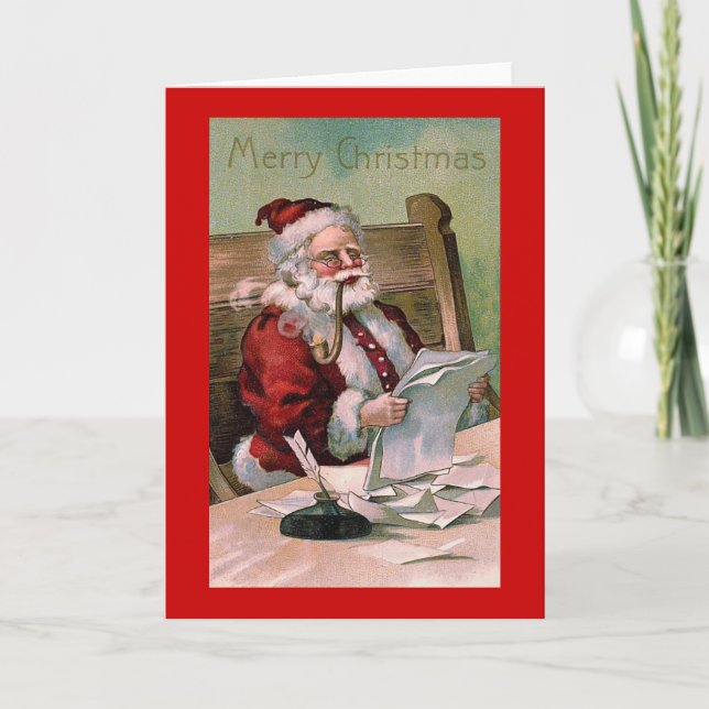 Weihnachtsmann liest Weihnachtsbriefe Feiertagskarte (Vorderseite)