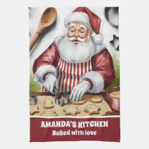 Weihnachtsmann macht Zuckerplätzchen personalisier Geschirrtuch