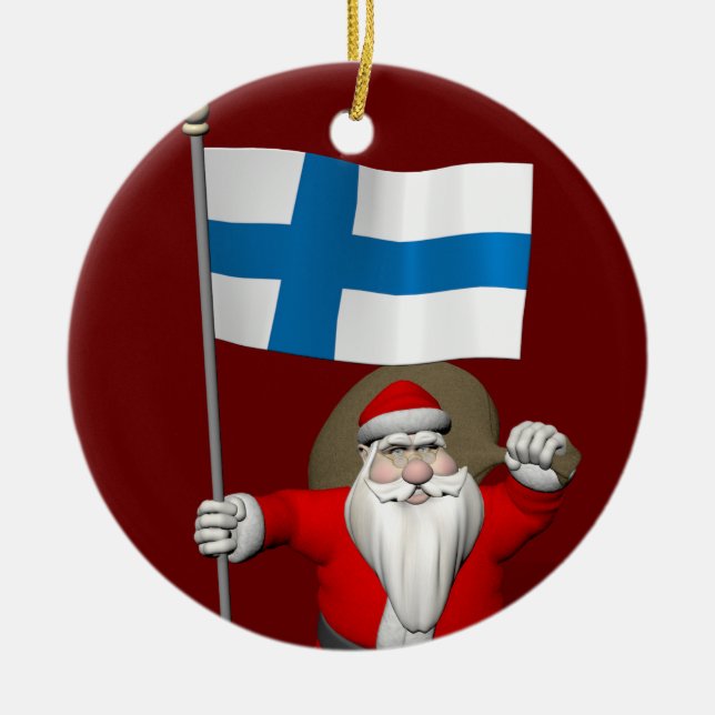 Weihnachtsmann mit Abzeichen von Finland Suomi Keramik Ornament (Vorne)