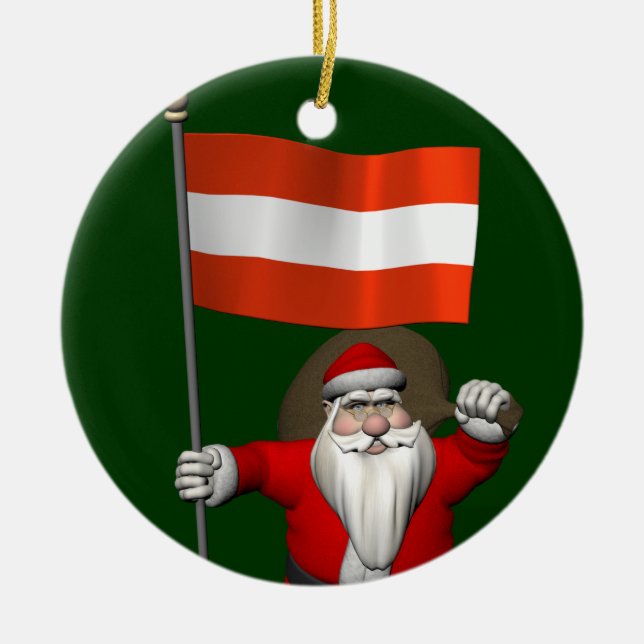 Weihnachtsmann mit Abzeichen von Österreich Keramikornament (Vorne)