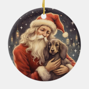 Weihnachtsmann mit Afghan Hound im Vintage-Stil Keramik Ornament