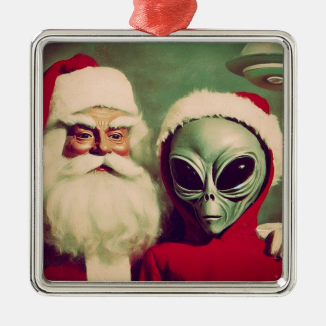 Weihnachtsmann mit Alien über Weltraum Weihnachten Ornament Aus Metall (Vorne)