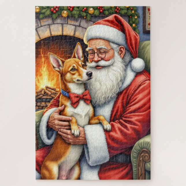 Weihnachtsmann mit Basenji-Weihnachtskunst Puzzle (Vertikal)