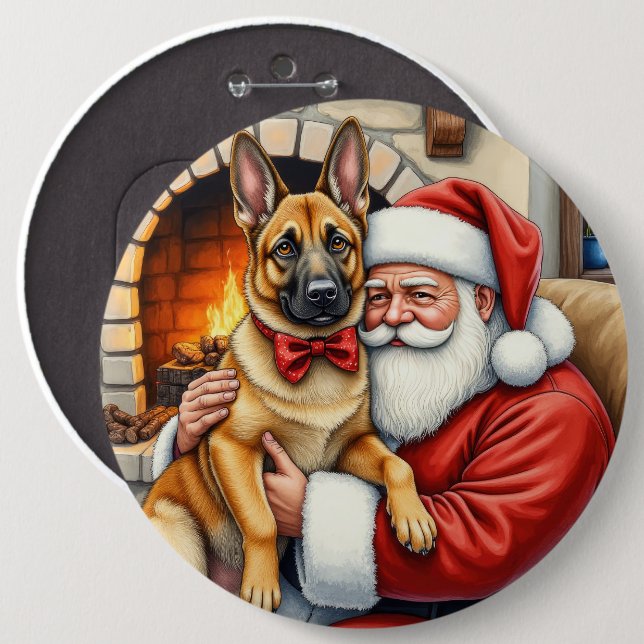 Weihnachtsmann mit belgischem Malinois-Christkunst Button (Vorne & Hinten)