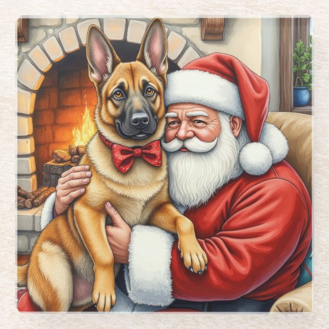 Weihnachtsmann mit belgischem Malinois-Christkunst Glasuntersetzer (Vorderseite)