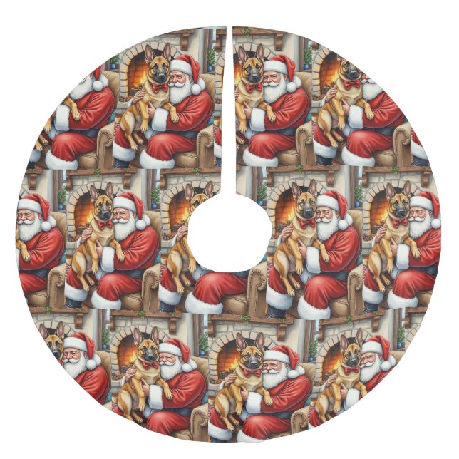 Weihnachtsmann mit belgischem Malinois-Christkunst Polyester Weihnachtsbaumdecke (Vorderseite)