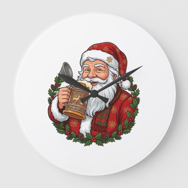 Weihnachtsmann mit Bierglas Große Wanduhr (Vorderseite)