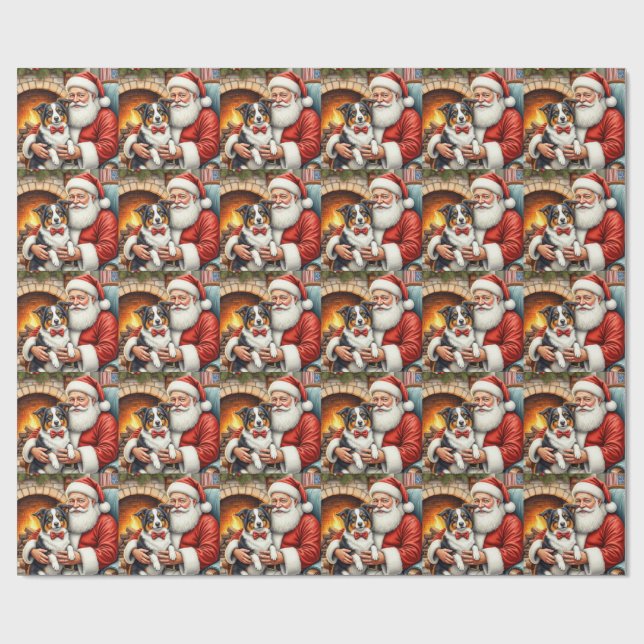 Weihnachtsmann mit Border Collie Weihnachtskunst Geschenkpapier (Flach)
