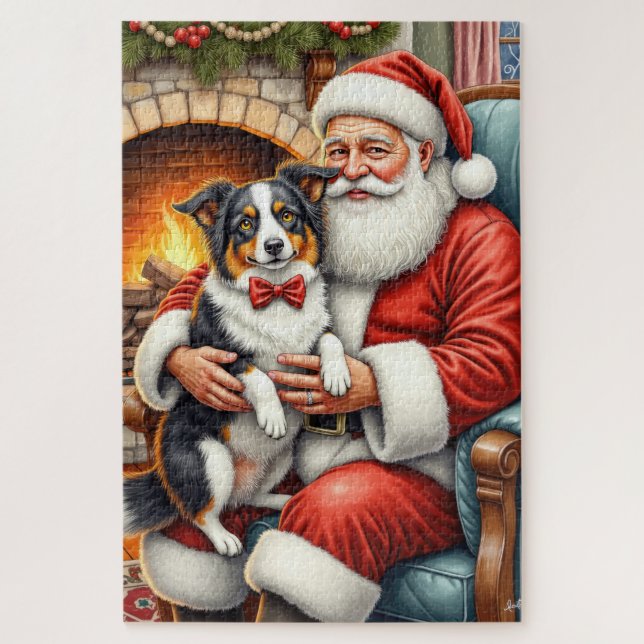Weihnachtsmann mit Border Collie - Weihnachtskunst Puzzle (Vertikal)