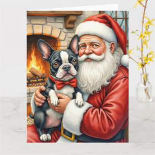 Weihnachtsmann mit Boston Terrier Weihnachtskunst Karte