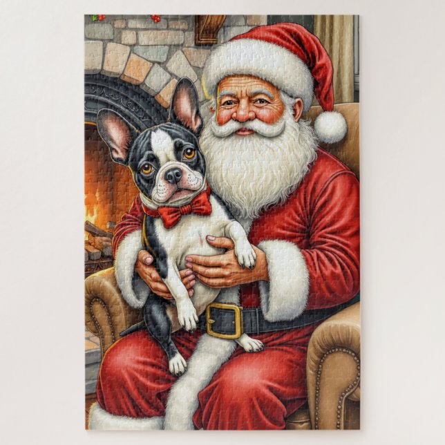 Weihnachtsmann mit Boston Terrier Weihnachtskunst Puzzle (Vertikal)