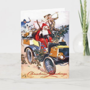Weihnachtsmann mit Clowns in einem Auto Weihnachte Feiertagskarte