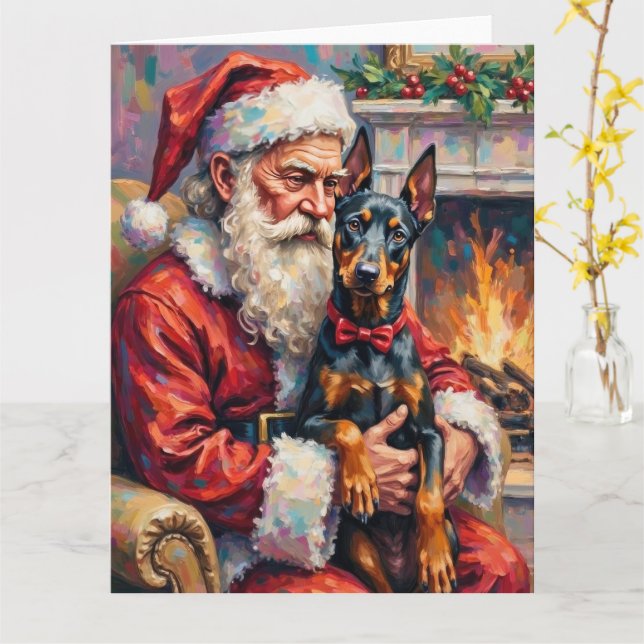 Weihnachtsmann mit Dobermann Weihnachtskunst Karte (Gelbe Blume)