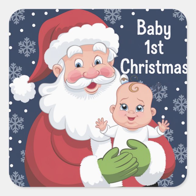 Weihnachtsmann mit einem Baby 1. Weihnachten Quadratischer Aufkleber (Vorderseite)