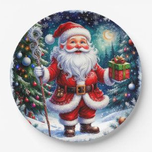 Weihnachtsmann mit einem Geschenk in einer magisch Pappteller