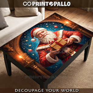 Weihnachtsmann mit einem Geschenk in seinem Labor Seidenpapier