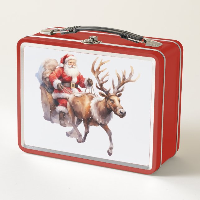 Weihnachtsmann mit einem Rentier, das seinen Schli Metall Brotdose (Vorderseite)