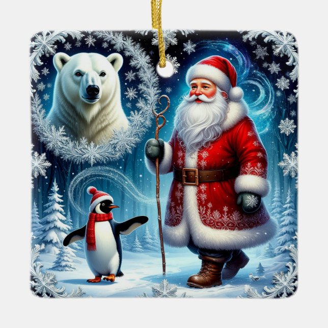 Weihnachtsmann mit Eisbär und Pinguin Keramikornament (Vorderseite)