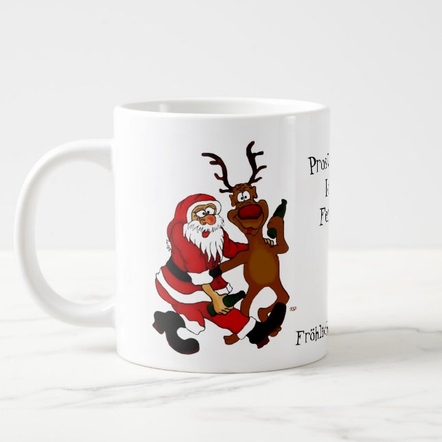 Weihnachtsmann mit Elch - Frohe Weihnachten Jumbo-Tasse (Links)