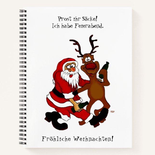 Weihnachtsmann mit Elch - Frohe Weihnachten Notizbuch (Vorderseite)
