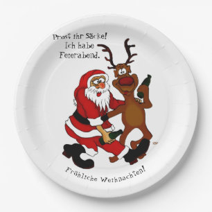 Weihnachtsmann mit Elch - Frohe Weihnachten Pappteller