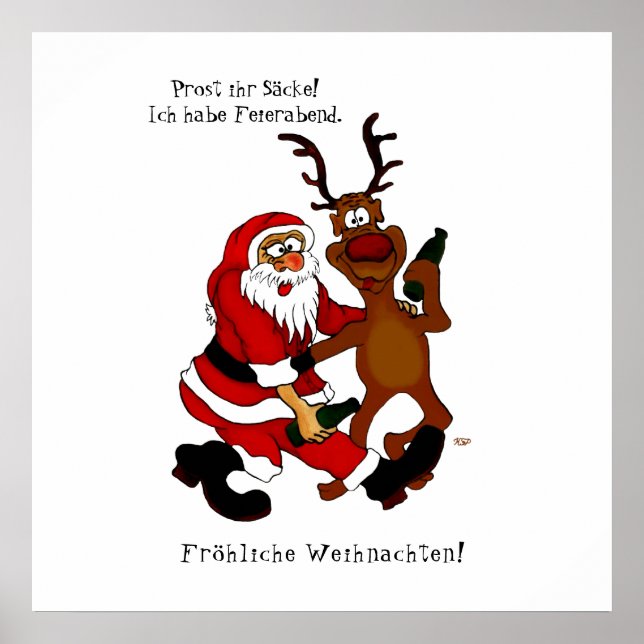 Weihnachtsmann mit Elch - Frohe Weihnachten Poster (Vorne)