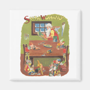 Weihnachtsmann mit Elfen in der Werkstatt im Vinta Magnet