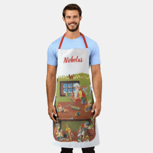 Weihnachtsmann mit Elfen in der Werkstatt im Vinta Schürze