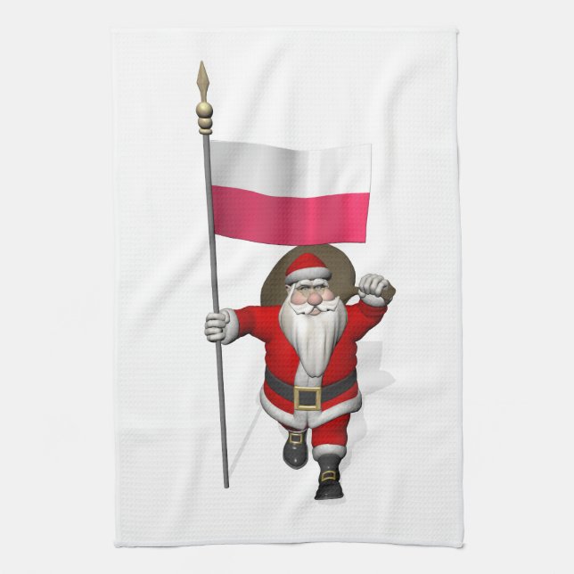 Weihnachtsmann mit Flagge von Polen Geschirrtuch (Vertikal)