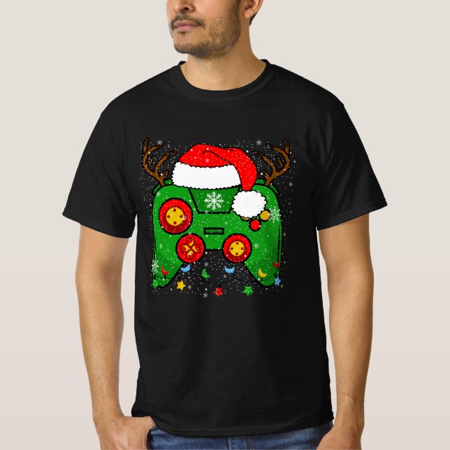 Weihnachtsmann mit Gamepad Weihnachtsdesign T-Shirt (Vorderseite)