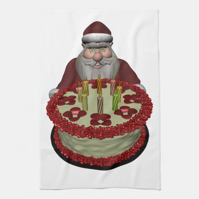 Weihnachtsmann mit Geburtstagskuchen Handtuch (Vertikal)