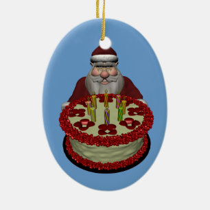 Weihnachtsmann mit Geburtstagskuchen Keramikornament